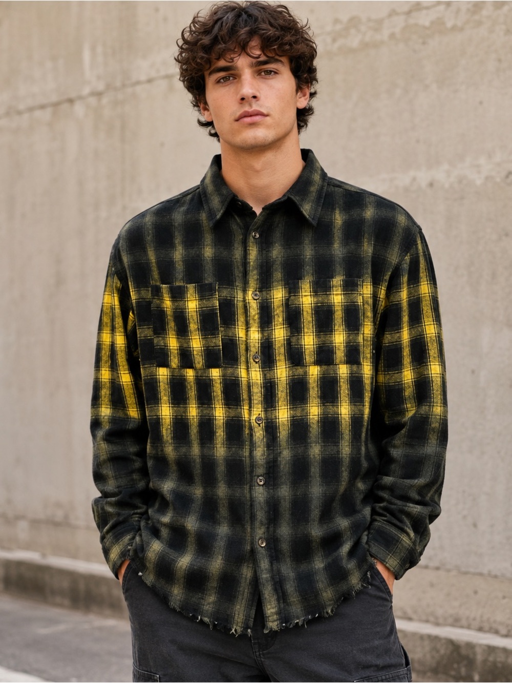 Fashion Nova Men S Distressed Plaid Flannel Shirt Yellow Black Raw Hem Grunge